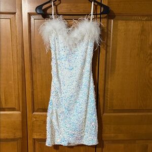 White Iridescent Sequin Feather Trim Dress
